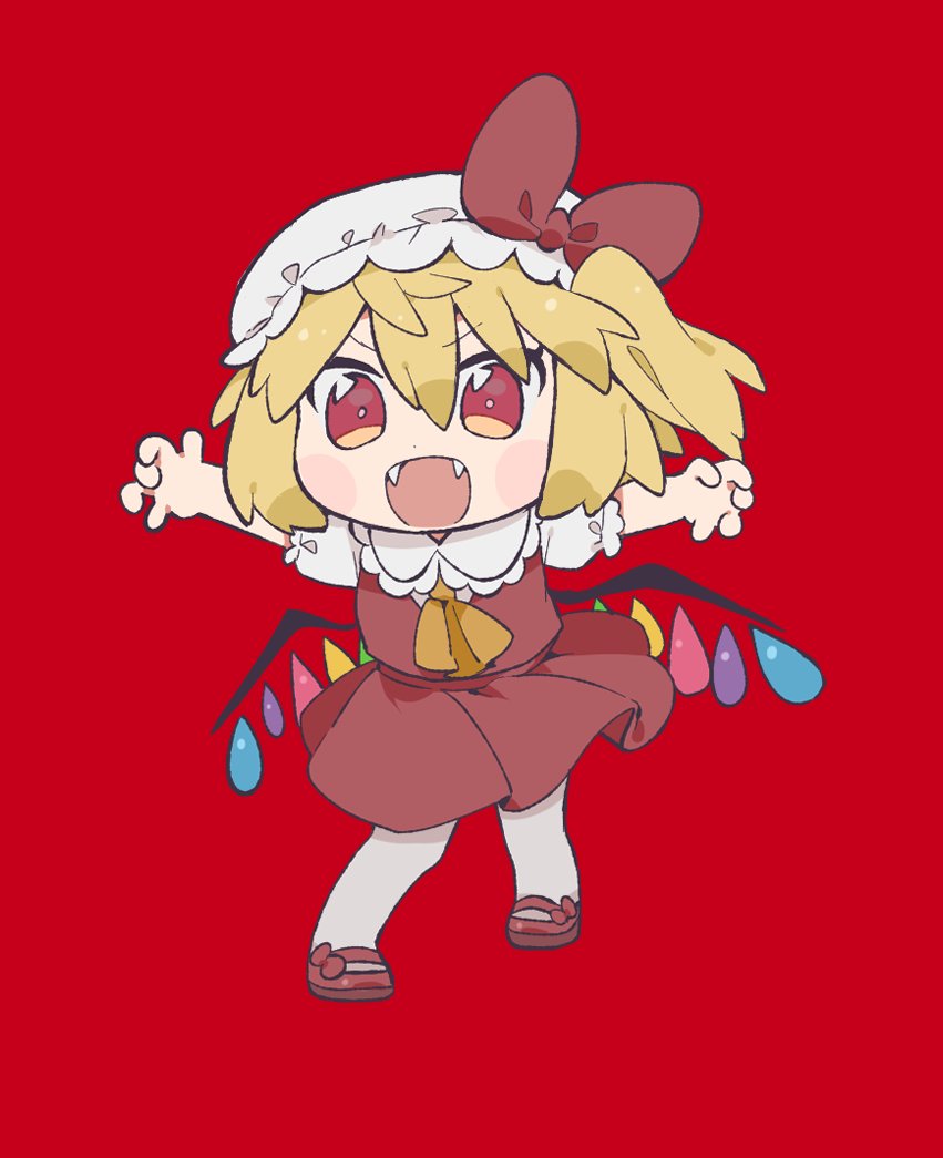 1girl arms_up ascot blonde_hair bow chibi citrus_(place) claw_pose commentary_request crystal fangs flandre_scarlet full_body gao hair_between_eyes hat hat_bow looking_at_viewer mob_cap one_side_up pantyhose puffy_short_sleeves puffy_sleeves red_background red_bow red_eyes red_skirt red_vest short_hair short_sleeves simple_background skirt skirt_set solo standing touhou v-shaped_eyebrows vampire vest white_pantyhose wings yellow_ascot