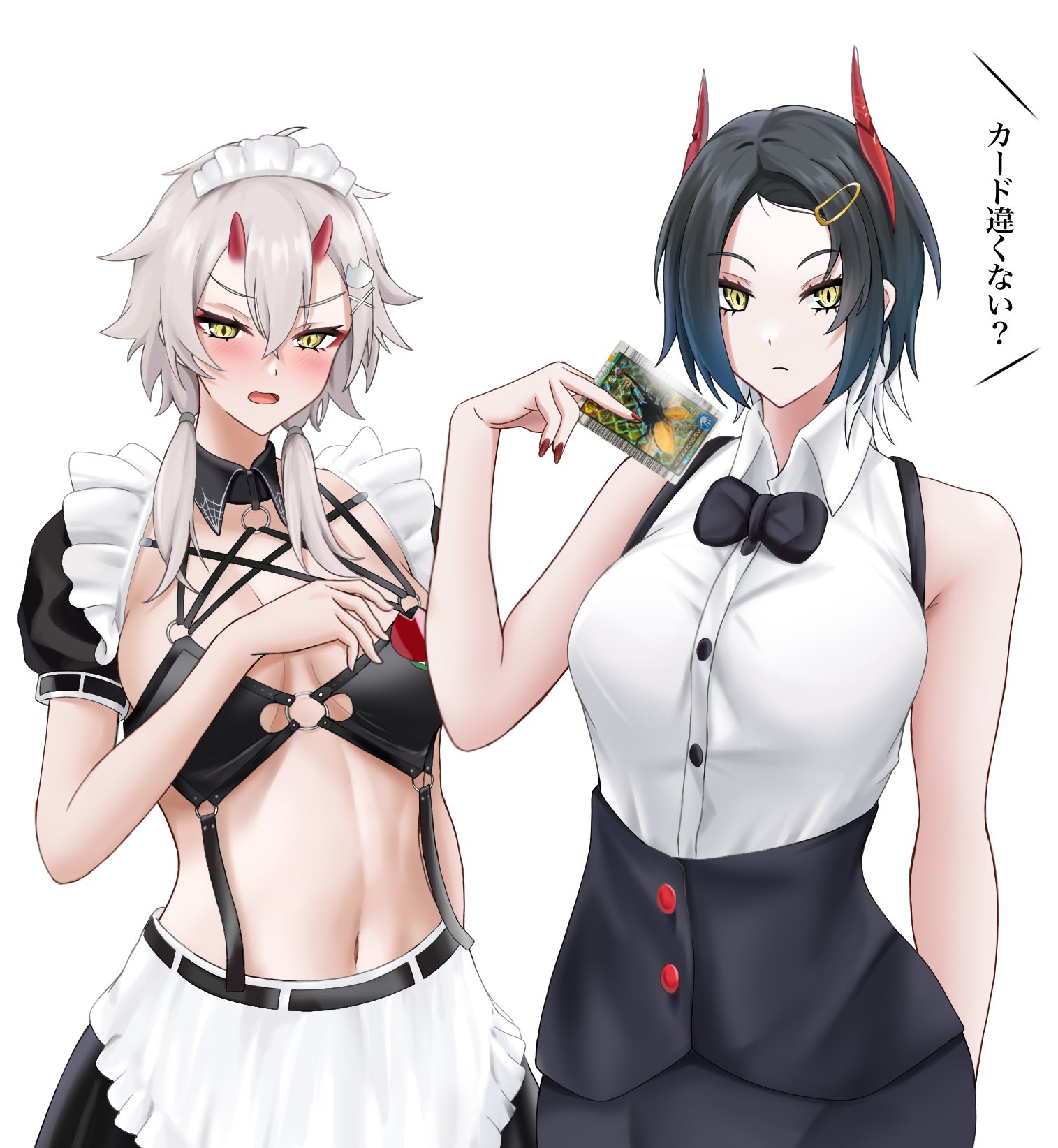 2girls apron azur_lane banba_(jakqbigone) bare_arms bare_shoulders black_hair card cosplay costume_switch hand_up highres holding holding_card horns kinu_(azur_lane) kinu_(azur_lane)_(cosplay) kinu_(token_and_ghost)_(azur_lane) maid midriff multiple_girls navel puffy_short_sleeves puffy_sleeves short_hair short_sleeves shrug_(clothing) simple_background stomach ulrich_von_hutten_(azur_lane) ulrich_von_hutten_(azur_lane)_(cosplay) ulrich_von_hutten_(mayhem_maid)_(azur_lane) waist_apron white_background white_hair yellow_eyes
