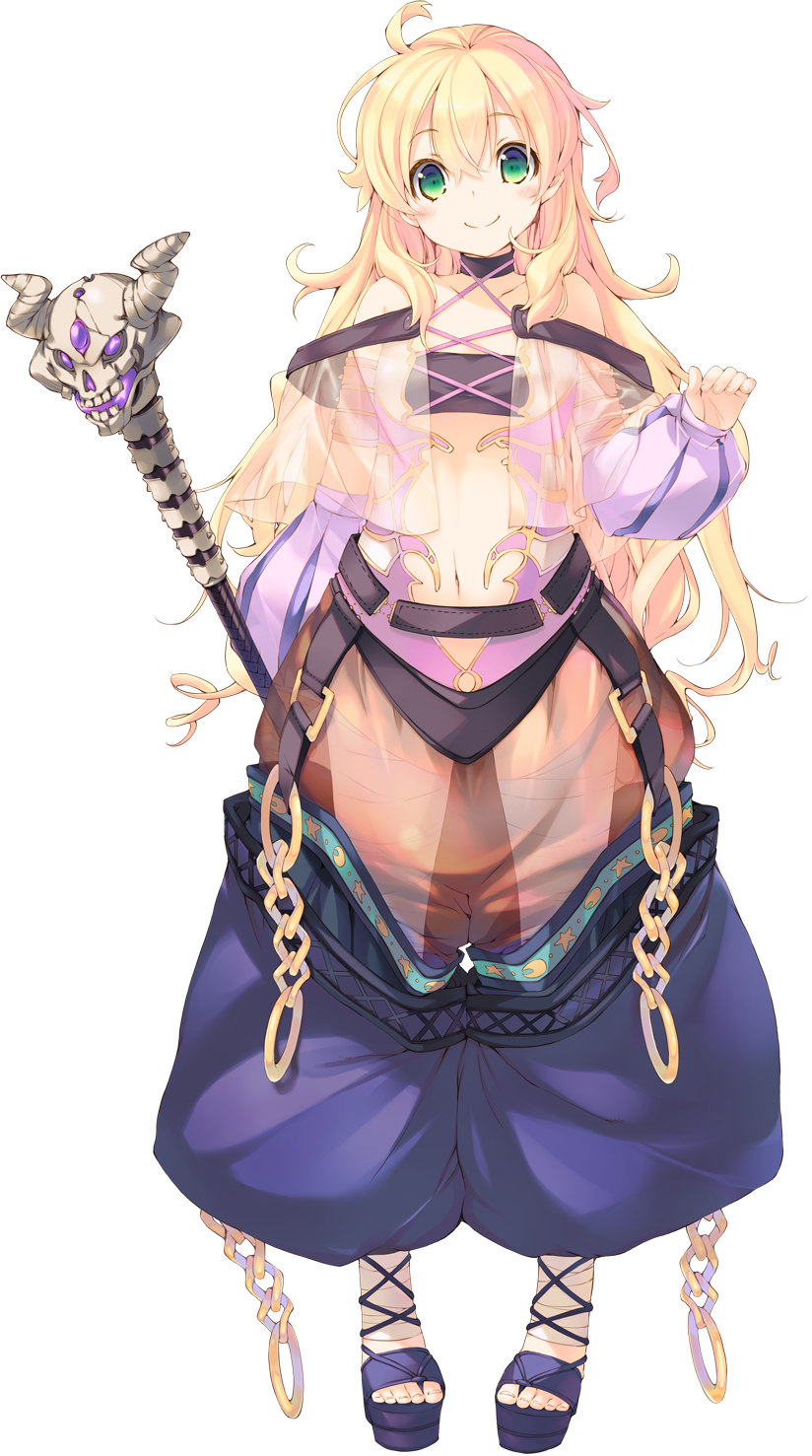 1girl aquaplus armlet bands blonde_hair blush chain collar dungeon_travelers_2 erthuricia_vitor_de_ritzhevin female_focus full_body green_eyes highres holding jewelry kokonoka long_hair looking_at_viewer midriff navel pants sandals see-through_clothes smile solo staff standing striped transparent_background vertical_stripes wavy_hair