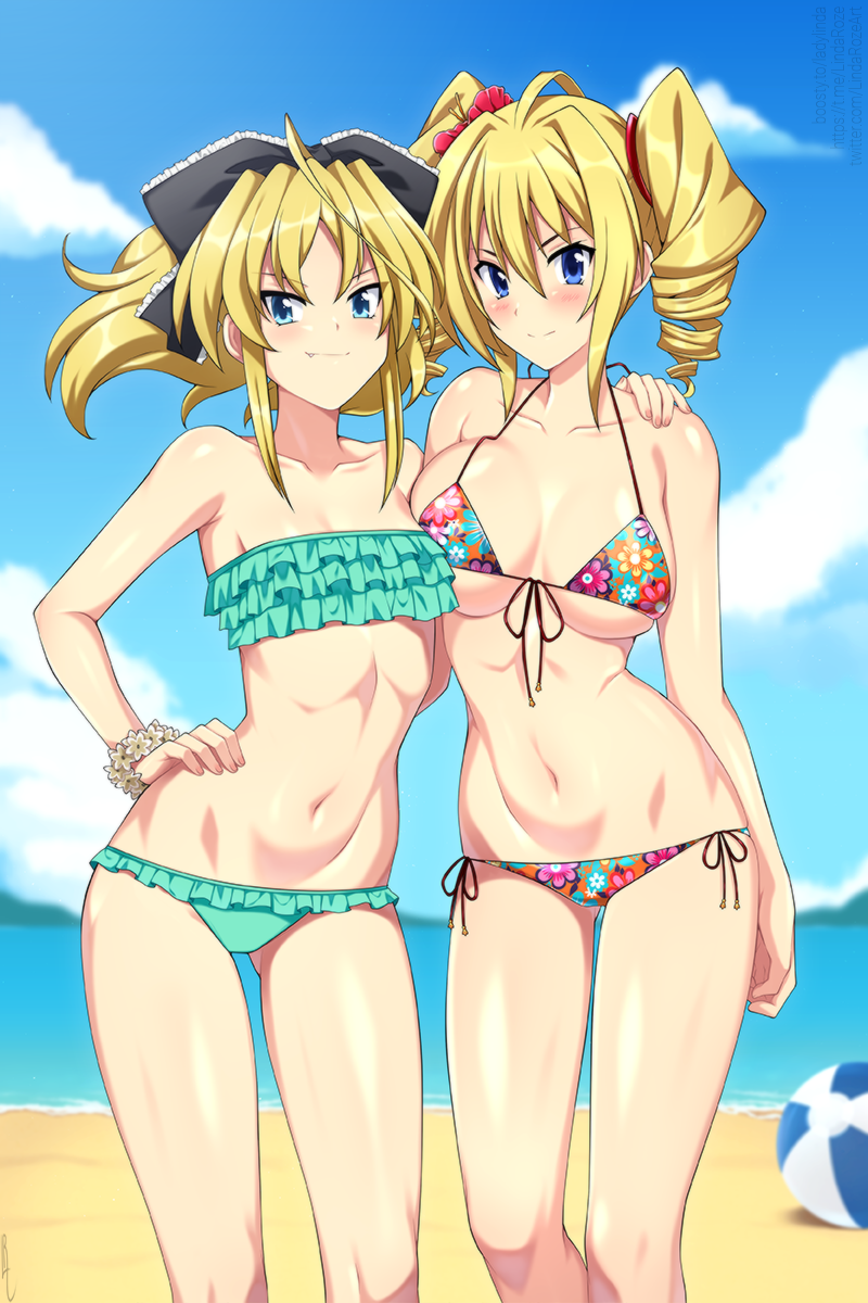 2girls aqua_bikini asymmetrical_docking ball beach beachball bikini blonde_hair blue_eyes blue_sky blurry blurry_background blush breast_press breasts closed_mouth collarbone color_connection commentary contrapposto day drill_hair english_commentary fang fang_out female_focus floral_print flower frilled_bikini frills front-tie_bikini_top front-tie_top gluteal_fold hair_between_eyes hair_color_connection hair_flower hair_ornament hand_on_own_hip high_school_dxd highres light_smile lindaroze looking_at_viewer medium_hair mittelt multiple_girls navel ocean outdoors ravel_phenex side-tie_bikini_bottom sky small_breasts standing string_bikini swimsuit trait_connection twin_drills underboob v-shaped_eyebrows