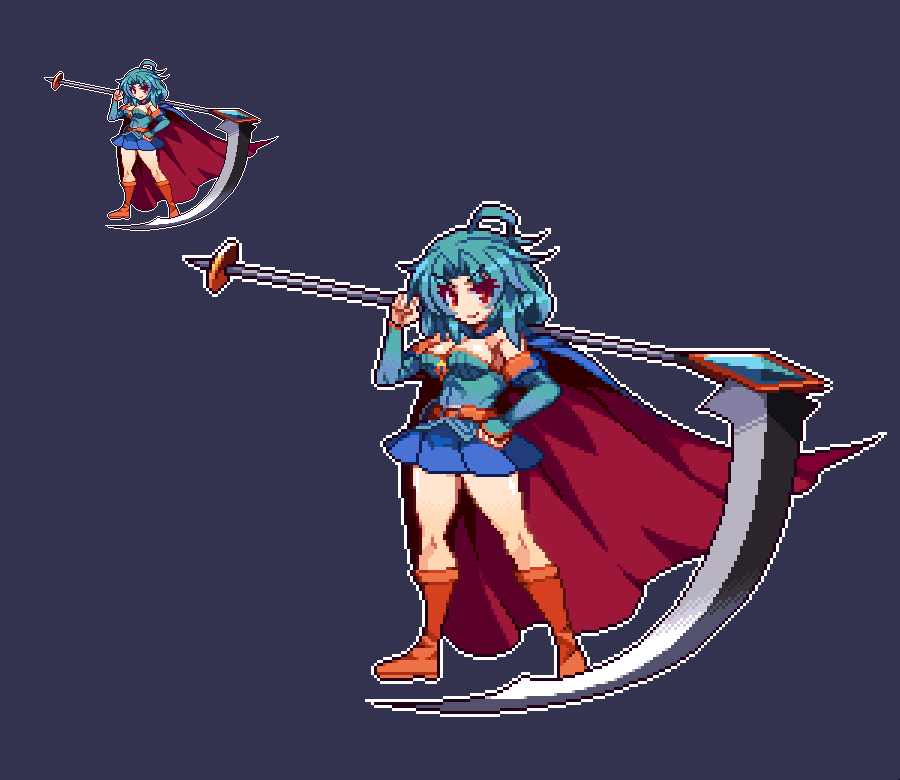 &gt;:) 1girl al_(majin_shoujo) arm_guards belt belt_buckle blue_background blue_hair blue_skirt blush boots brave_dungeon breasts buckle cape cleavage closed_mouth commentary_request dark_background full_body hair_intakes hand_on_own_hip holding huge_weapon knee_boots looking_at_viewer majin_shoujo medium_breasts messy_hair migel_futoshi multiple_views orange_boots over_shoulder pixel_art pleated_skirt red_cape red_eyes scythe skirt standing strapless v-shaped_eyebrows weapon weapon_over_shoulder