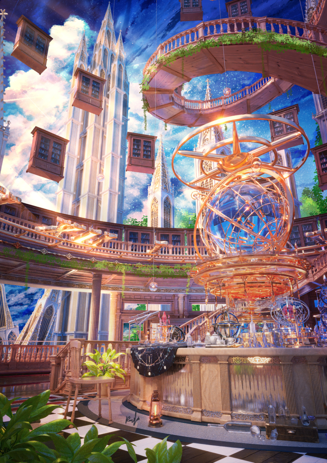 blue_sky bookshelf bottle building chair checkered_floor cloud cloudy_sky fantasy highres k&amp;p_(kptseart) lantern no_humans original plant potted_plant scenery sky stairs structure teapot vines wooden_chair