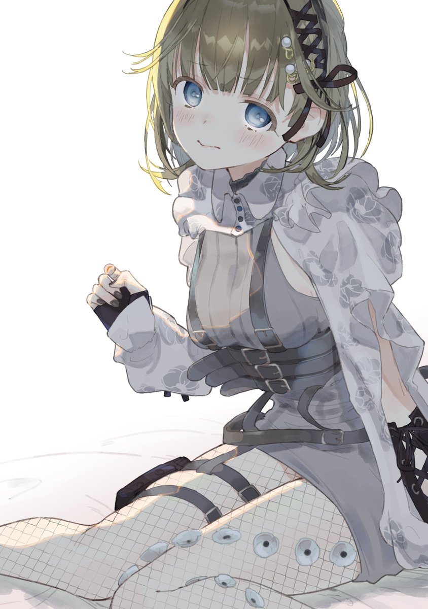 1girl arm_cutout bad_anatomy bad_face belt black_nails blue_eyes blush bossun_(laetus) cattleya_regina_games chest_belt commentary dress fingerless_gloves fishnet_pantyhose fishnets floral_print gloves green_hair grey_sweater hair_ribbon hanabusa_lisa hanabusa_lisa_(4th_costume) highres knit_sweater multiple_belts pantyhose pearl_hair_ornament pouch ribbon shrug_(clothing) simple_background sitting solo suspenders sweater sweater_dress thigh_pouch virtual_youtuber vspo! wariza white_background