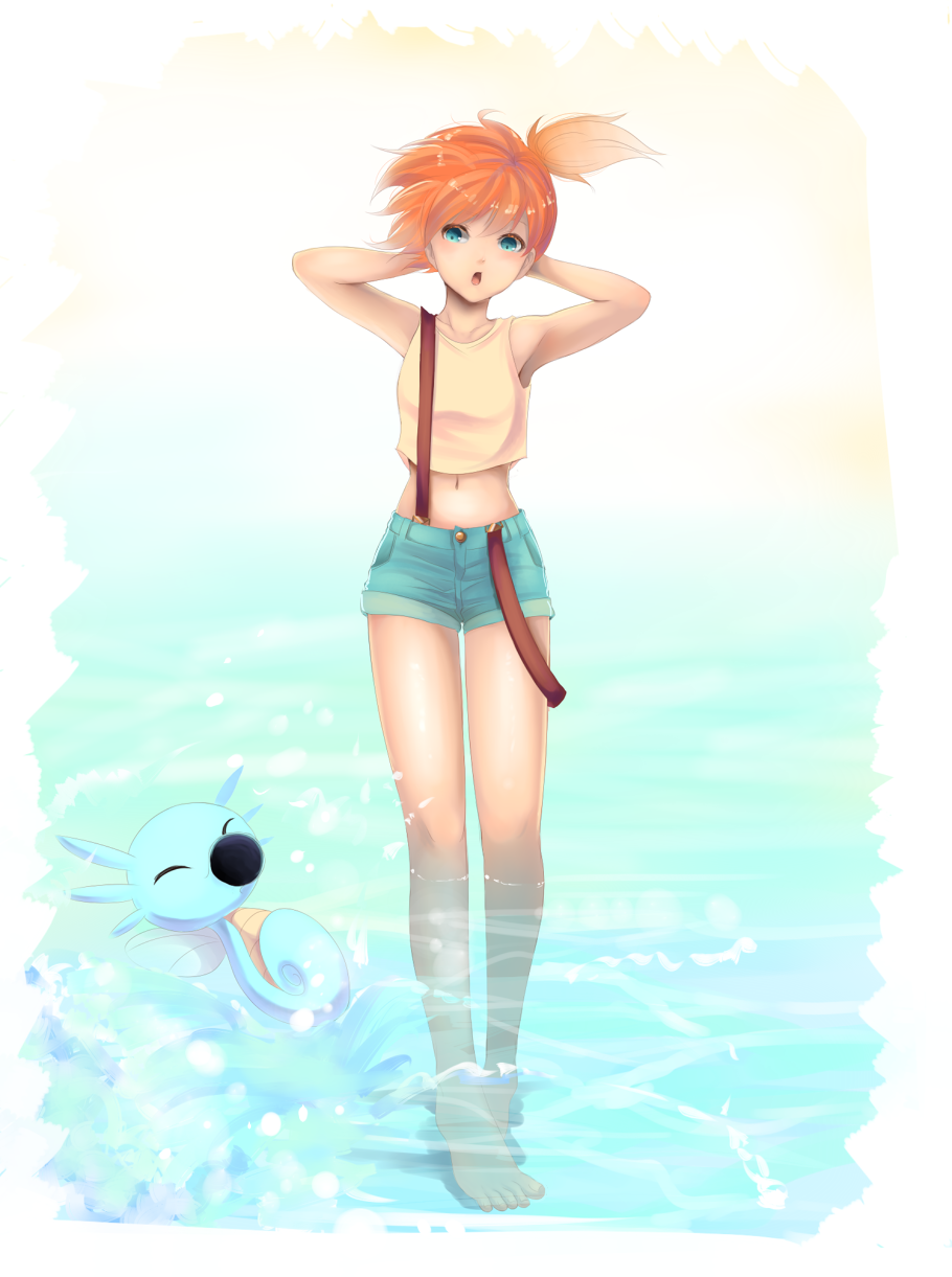 1girl arms_behind_head bare_shoulders barefoot blue_eyes breasts female_focus gen_1_pokemon highres highvoltage horsea legs midriff misty_(pokemon) navel nintendo open_mouth orange_hair partially_submerged pokemon pokemon_(creature) ponytail short_hair shorts side_ponytail solo standing suspenders water