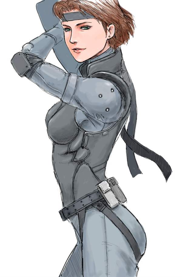 1girl bad_id bad_pixiv_id belt bodysuit breasts brown_hair bulletproof_vest cosplay earrings elbow_pads green_eyes headband izo izo_(bjc000510) jewelry medium_breasts meryl_silverburgh metal_gear_(series) metal_gear_solid short_hair sneaking_suit solid_snake solid_snake_(cosplay) stud_earrings