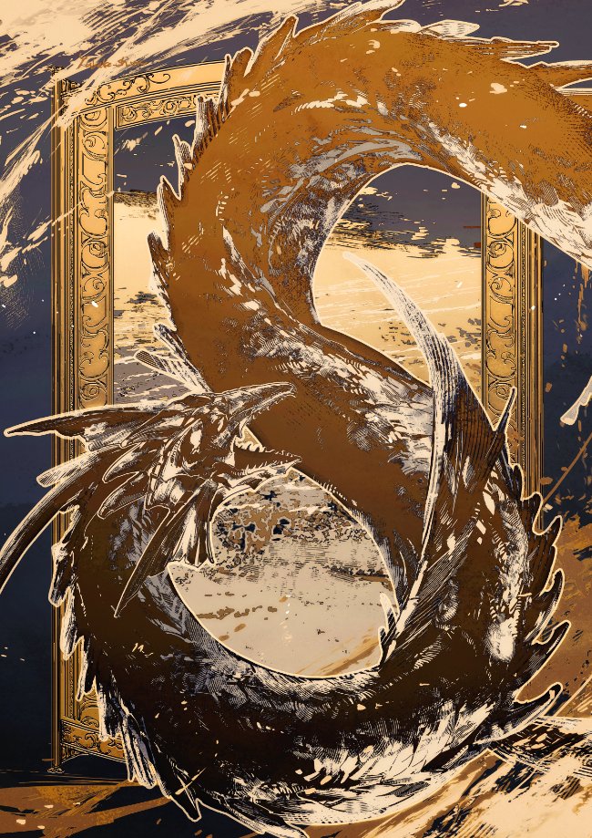 animal_focus final_fantasy final_fantasy_xiv fins from_side leviathan_(final_fantasy) limited_palette monster no_humans open_mouth picture_frame scales sea_serpent sharp_teeth solo teeth yabuka_shiwa