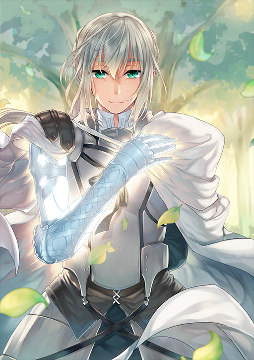 1boy airgetlam_(fate) androgynous arm_behind_back armor bedivere_(fate) bishounen breastplate cape closed_mouth cowboy_shot fate/grand_order fate_(series) faulds glowing_arm green_eyes green_shirt green_skirt grey_hair hair_between_eyes hand_on_own_shoulder high_collar leaf long_sleeves looking_at_viewer male_focus official_art pauldrons prosthesis prosthetic_arm shirt shoulder_armor side_cape sidelocks skirt smile solo straight-on tenkuu_sphere third-party_source tree white_cape wind