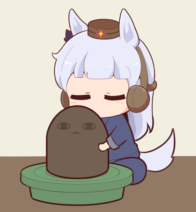 &lt;o&gt;_&lt;o&gt; 1girl animal_ears blue_bow blue_kimono blush bow brown_hat chibi closed_eyes commentary_request ear_bow ear_covers facing_viewer gintama gold_ship_(umamusume) gomashio_(goma_feet) grey_hair hat horse_ears horse_girl horse_tail japanese_clothes justaway kimono long_hair long_sleeves mini_hat pottery sitting solo tail umamusume very_long_hair