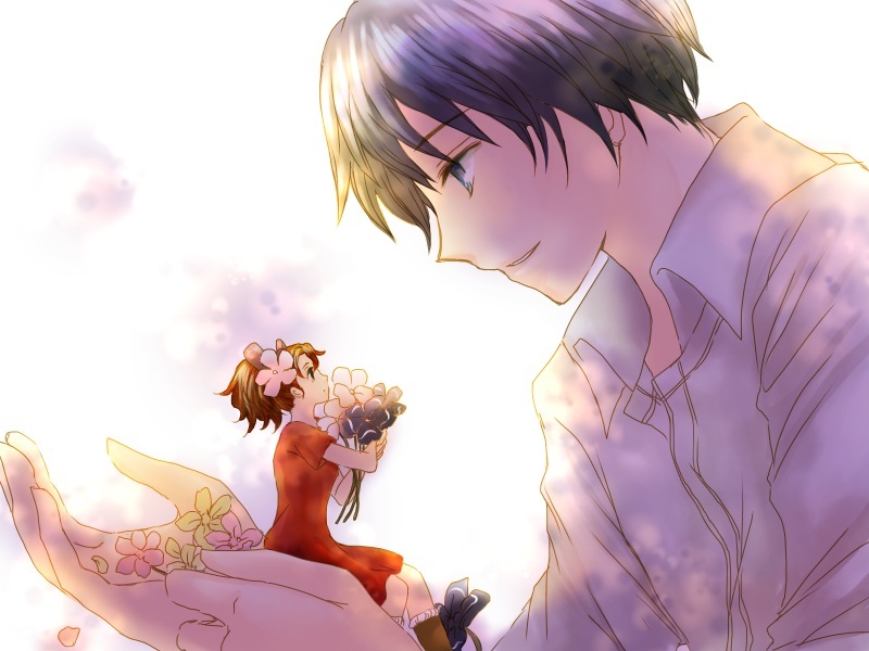 10s 1boy 1girl arrietty eye_contact flower hair_flower hair_ornament juugatsu_porte karigurashi_no_arrietty looking_at_another mini_person minigirl profile shou_(karigurashi_no_arrietty) sitting studio_ghibli