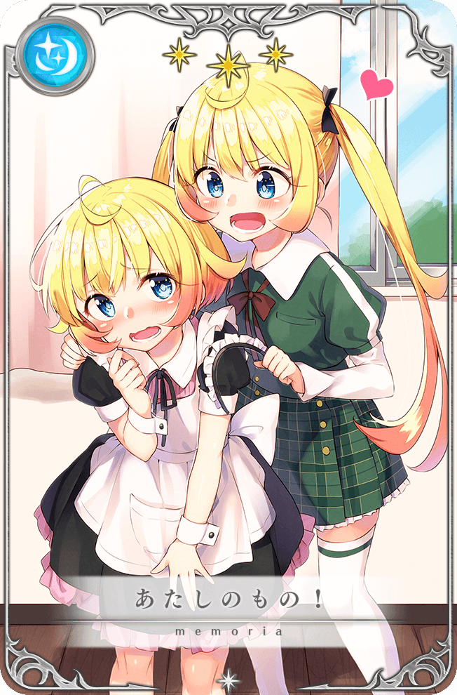 2girls ahoge alternate_costume apron back_bow black_bow black_dress black_hairband black_ribbon blonde_hair blue_eyes blue_pupils blue_sky blush bow bowtie buttons card_(medium) collared_shirt curtains day dress embarrassed enmaided feet_out_of_frame finger_to_cheek frilled_apron frilled_dress frilled_hairband frilled_skirt frills game_cg gradient_hair green_shirt green_skirt hair_bow hairband hand_on_another&#039;s_shoulder heart high-waist_skirt holding_hairband indoors knees layered_shirt layered_sleeves light_blush long_hair long_sleeves looking_at_another lower_teeth_only magia_record:_mahou_shoujo_madoka_magica_gaiden mahou_shoujo_madoka_magica maid maid_headdress miniskirt multicolored_hair multiple_girls neck_ribbon official_alternate_costume official_art open_mouth orange_hair picture_frame pink_shirt plaid_clothes plaid_skirt pleated_dress pleated_skirt pocket puffy_short_sleeves puffy_sleeves red_bow red_bowtie ribbon sakuragi_ren school_uniform shirt shirt_under_dress short_dress short_hair short_over_long_sleeves short_sleeves siblings sisters skirt sky smile st._liliana&#039;s_academy_school_uniform star_(symbol) teeth thighhighs translated tree twintails v-shaped_eyebrows very_long_hair white_apron white_bow white_shirt white_thighhighs white_wrist_cuffs window wooden_floor wrist_cuffs yuzuki_hotori yuzuki_rion zettai_ryouiki