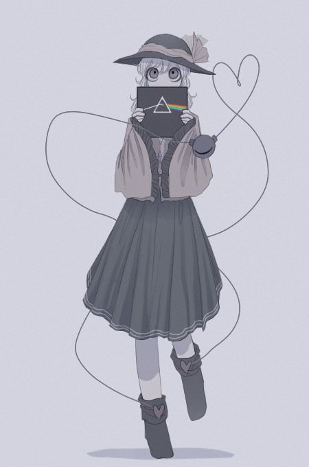 1girl black_boots black_headwear boots buttons covered_mouth curly_hair dark_side_of_the_moon diamond_(shape) diamond_button frilled_shirt frilled_sleeves frills green_skirt grey_eyes hair_between_eyes hat hat_ornament hat_ribbon heart heart_button holding komeiji_koishi long_sleeves looking_up messy_hair n0een pink_floyd prism rainbow ribbon shadow shirt simple_background skirt third-party_source third_eye touhou triangle white_background white_hair wide_sleeves yellow_ribbon yellow_shirt