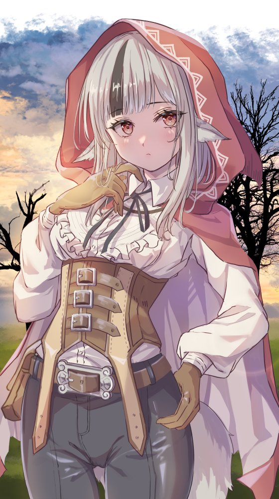 1girl animal_ears bare_tree belt black_hair black_pants black_ribbon breasts brown_gloves cloak closed_mouth collared_shirt eyelashes fire_emblem fire_emblem_fates frilled_shirt frills fuussu_(21-kazin) gloves high-waist_pants hood hooded_cloak light_blush long_hair medium_breasts multicolored_hair nintendo outdoors pants red_cloak red_eyes ribbon shirt solo standing streaked_hair tree two-tone_hair velouria_(fire_emblem) white_hair white_shirt