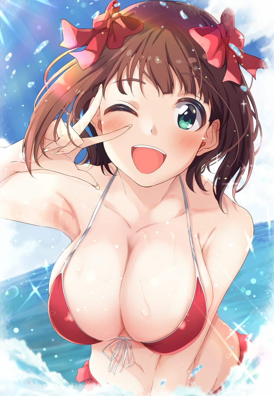 1girl ;d amami_haruka armpits bikini black_bikini blush breasts brown_hair cleavage collarbone commission front-tie_bikini_top front-tie_top hair_ribbon highres hitotsuki_nanoka idolmaster idolmaster_(classic) idolmaster_million_live! large_breasts looking_at_viewer one_eye_closed open_mouth outdoors pixiv_commission ribbon smile solo splashing swimsuit teeth upper_body upper_teeth_only w