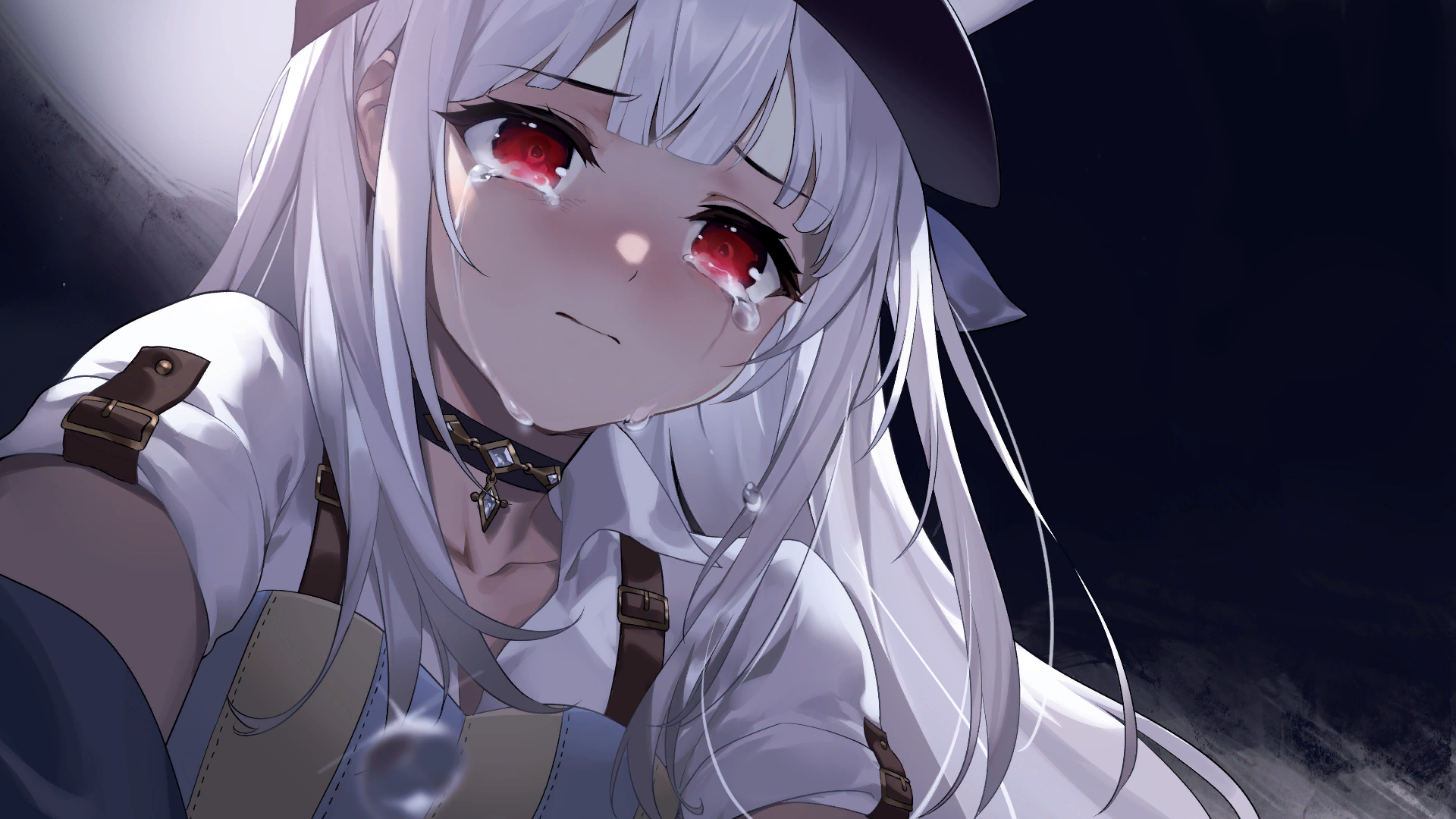 1girl animal_ears artist_request check_artist choker closed_mouth crying ein_lee extra_ears game_cg highres long_hair non-web_source rabbit_ears rabbit_girl red_eyes short_sleeves tevi tevi_(character) white_hair