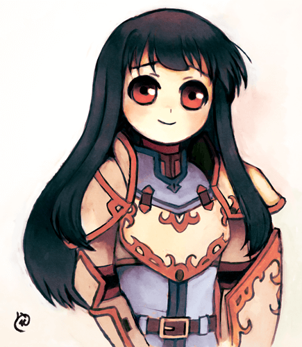 1girl armor astrid_(fire_emblem) belt black_hair breastplate breasts brown_eyes fire_emblem fire_emblem:_radiant_dawn long_hair looking_at_viewer lowres medium_breasts mee4 nintendo pauldrons shoulder_armor smile solo white_armor