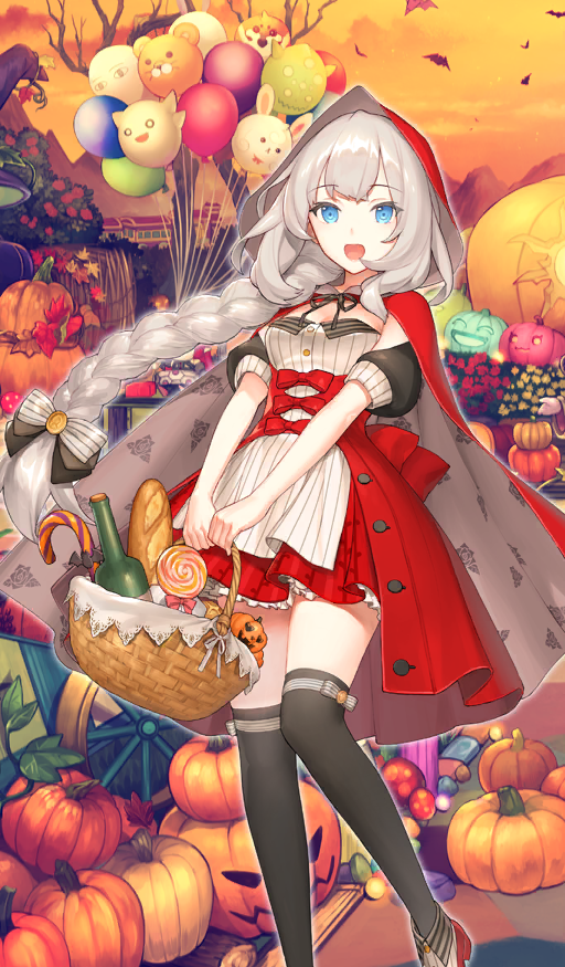 1girl back_bow baguette balloon basket bat_(animal) black_bow black_ribbon black_thighhighs blue_eyes bottle bow bow_legwear braid bread breasts buttons candy candy_cane cape check_clothing clothing_request commentary cosplay dress fate/grand_order fate_(series) feet_out_of_frame floating_clothes floating_hair food fou_(fate) frilled_dress frills gazer_(fate) ginka_sima hair_bow halloween halloween_costume holding holding_basket hood hood_up jack-o&#039;-lantern layered_dress leg_up little_red_riding_hood_(fairy_tale) little_red_riding_hood_(fairy_tale_character)_(cosplay) little_red_riding_hood_(fairy_tale_character) lollipop long_hair looking_at_viewer marie_antoinette_(fate) marie_antoinette_(festival_outfit)_(fate) medium_breasts medjed_(fate) multicolored_dress official_art open_mouth orange_sky outdoors overskirt puffy_short_sleeves puffy_sleeves pumpkin red_bow red_cape red_dress red_hood red_overskirt red_shoes ribbon shoes short_sleeves sidelocks single_braid sky smile solo striped_bow striped_clothes swirl_lollipop thighhighs third-party_source two-sided_cape two-sided_fabric two-tone_bow underbust very_long_hair white_bow white_dress white_hair