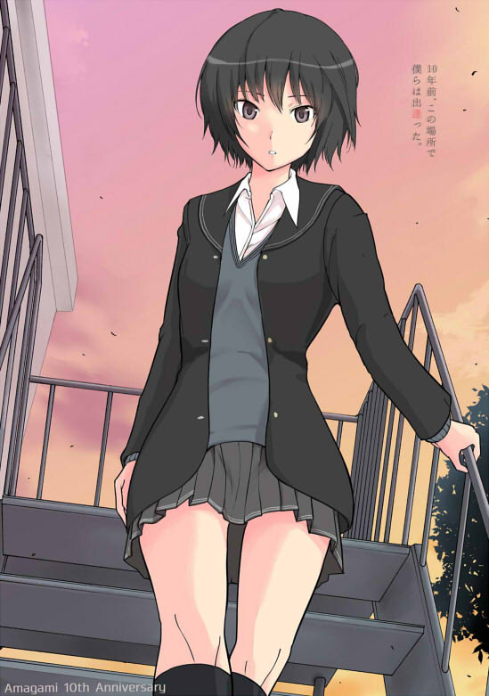 1girl amagami black_eyes black_hair black_socks black_skirt blazer collared_shirt evening jacket kibito_high_school_uniform kneehighs looking_at_viewer nanasaki_ai open_mouth saitou_shouki school_uniform shirt short_hair skirt socks solo stairs sweater_vest translation_request
