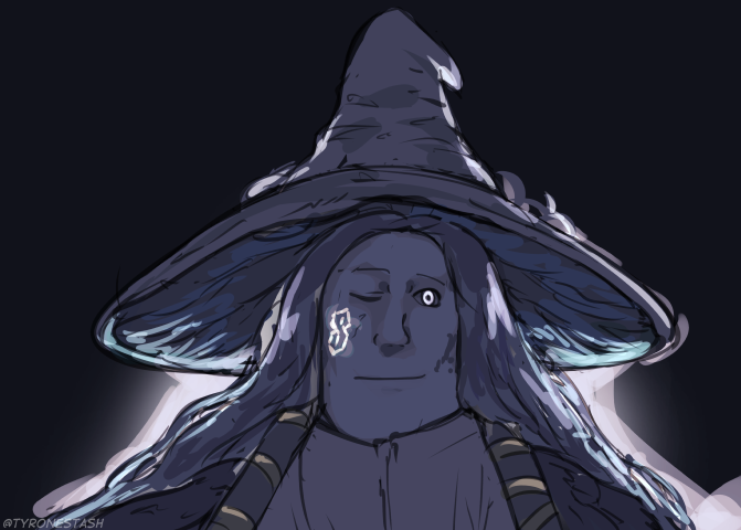1girl black_background blue_eyes blue_hair blue_skin close-up closed_mouth colored_sclera colored_skin cool_s elden_ring hat light_smile long_hair looking_at_viewer meme one_eye_closed ranni_the_witch shroomjak simple_background solo tyrone upper_body witch_hat