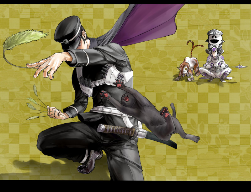2boys atlus black_hair cape cat cat_teaser cu_chulainn cu_chulainn_(megami_tensei) devil_summoner gakuran gouto guri_otoko hat katana kuzunoha_raidou male_focus multiple_boys nekomata_(megami_tensei) raiho school_uniform shin_megami_tensei short_hair sword tam_lin weapon