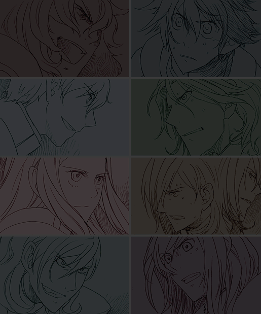 00s 2girls 6+boys ali_al-saachez allelujah_haptism dark dual_persona graham_aker grimace grin gundam gundam_00 hallelujah_haptism lockon_stratos monochrome multiple_boys multiple_girls open_mouth patrick_colasour setsuna_f._seiei simple_background smile soma_peries sweat tieria_erde