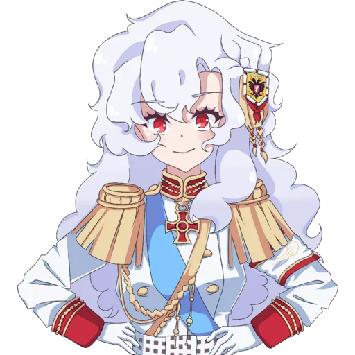 1girl aiguillette alpha_(alpha_1918) armband blue_sash buttons collar cross cross_pendant epaulettes findoworld fluffy fluffy_hair gloves gold_buttons gold_trim hair_ornament hands_on_own_hips lips long_hair looking_at_viewer military military_uniform original red_eyes red_sleeve_cuffs russian_empire sash sleeve_cuffs smile solo sputnik_and_pogrom sticker transparent transparent_background very_long_hair white_gloves white_hair