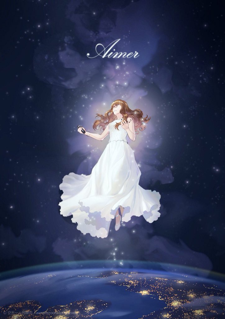 1girl aimer_(singer) bare_shoulders bracelet brown_hair character_name city_lights dress earth_(planet) floating glasses glowing hands_up hashtag-only_commentary high_heels holding holding_microphone jewelry long_dress long_hair microphone night night_sky outdoors planet real_life sky sleeveless sleeveless_dress solo sparkle star_(sky) starry_sky white_dress white_footwear zmeoow