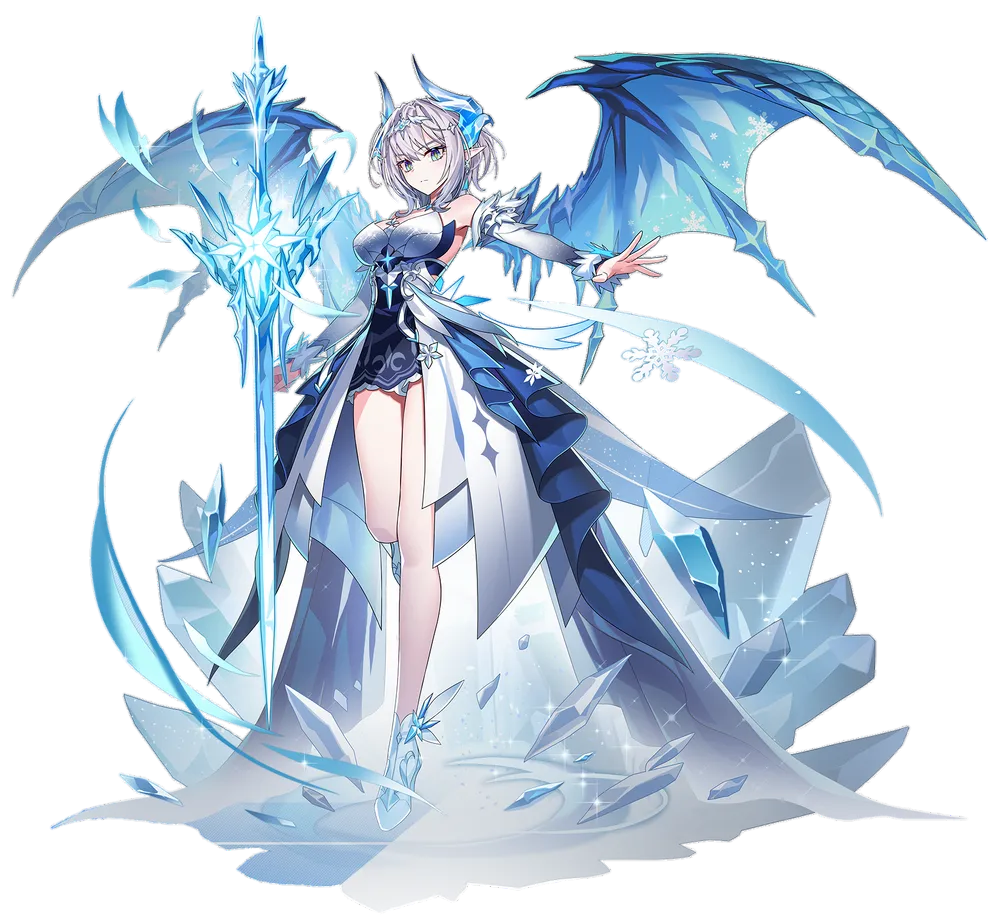1girl bare_legs blue_eyes blue_ribbon breasts crystal crystal_sword detached_sleeves dragon_girl dragon_horns dragon_wings dress frills fur_trim gradient_clothes grand_chase grey_hair high-low_dress high-low_skirt high_heels horns ice ice_horns ice_shoes ice_wings medium_breasts medium_hair official_alternate_costume official_art pointy_ears ribbon sleeveless sleeveless_dress slit_pupils snowflakes sword tachi-e tiamat_(grand_chase) transparent_background tsurime weapon white_dress wings yeum