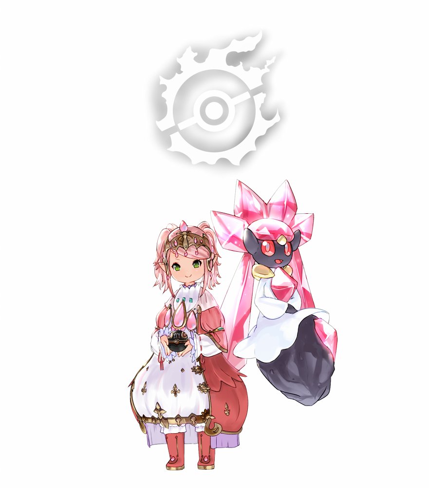 1girl boots crossover crown diancie final_fantasy final_fantasy_xiv floating gem gen_6_pokemon green_eyes holding holding_poke_ball lalafell legendary_pokemon mythical_pokemon nanamo_ul_namo nintendo pink_boots pink_gemstone pink_hair pointy_ears poke_ball pokemon pokemon_(creature) potion_lilac smile