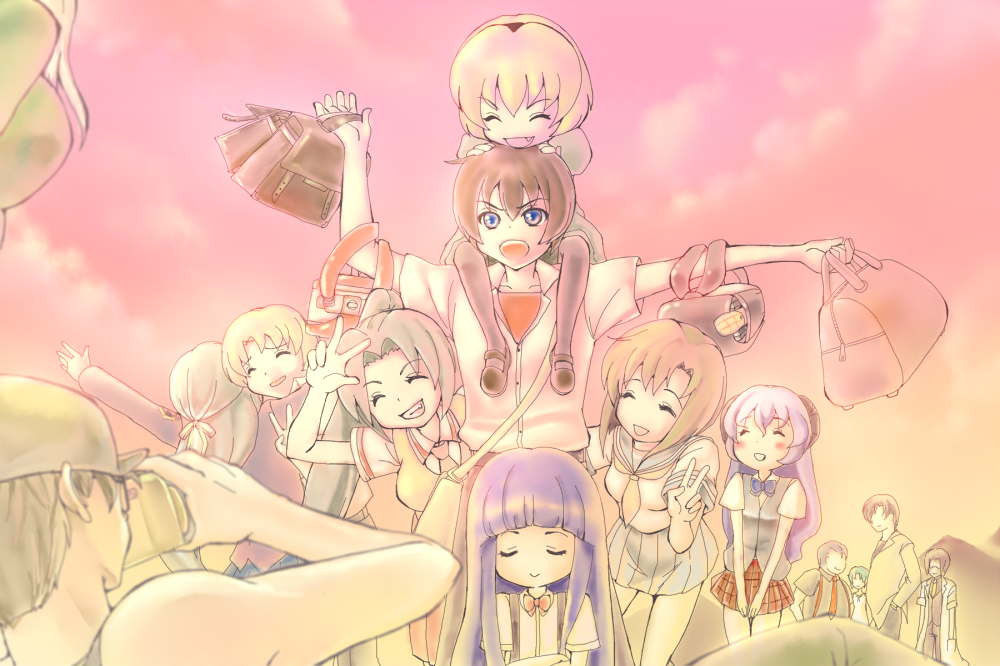 6+boys 6+girls ^_^ akasaka_mamoru bag blonde_hair blue_hair breasts brother_and_sister brown_hair camera carrying chie_rumiko closed_eyes everyone furude_rika green_hair hanyuu happy higurashi_no_naku_koro_ni horns houjou_satoko houjou_satoshi hug irie_kyousuke large_breasts long_hair maebara_keiichi mary_janes multiple_boys multiple_girls neck_ribbon necktie no_naku_koro_ni_(series) oka_(umanihiki) ooishi_kuraudo outdoors pantyhose plaid_clothes plaid_skirt ponytail ribbon ryukishi07 ryuuguu_rena school_bag school_uniform serafuku shoes short_hair shoulder_carry siblings sisters skirt smile sonozaki_mion sonozaki_shion sunset takano_miyo tomitake_jirou twins v very_long_hair vest