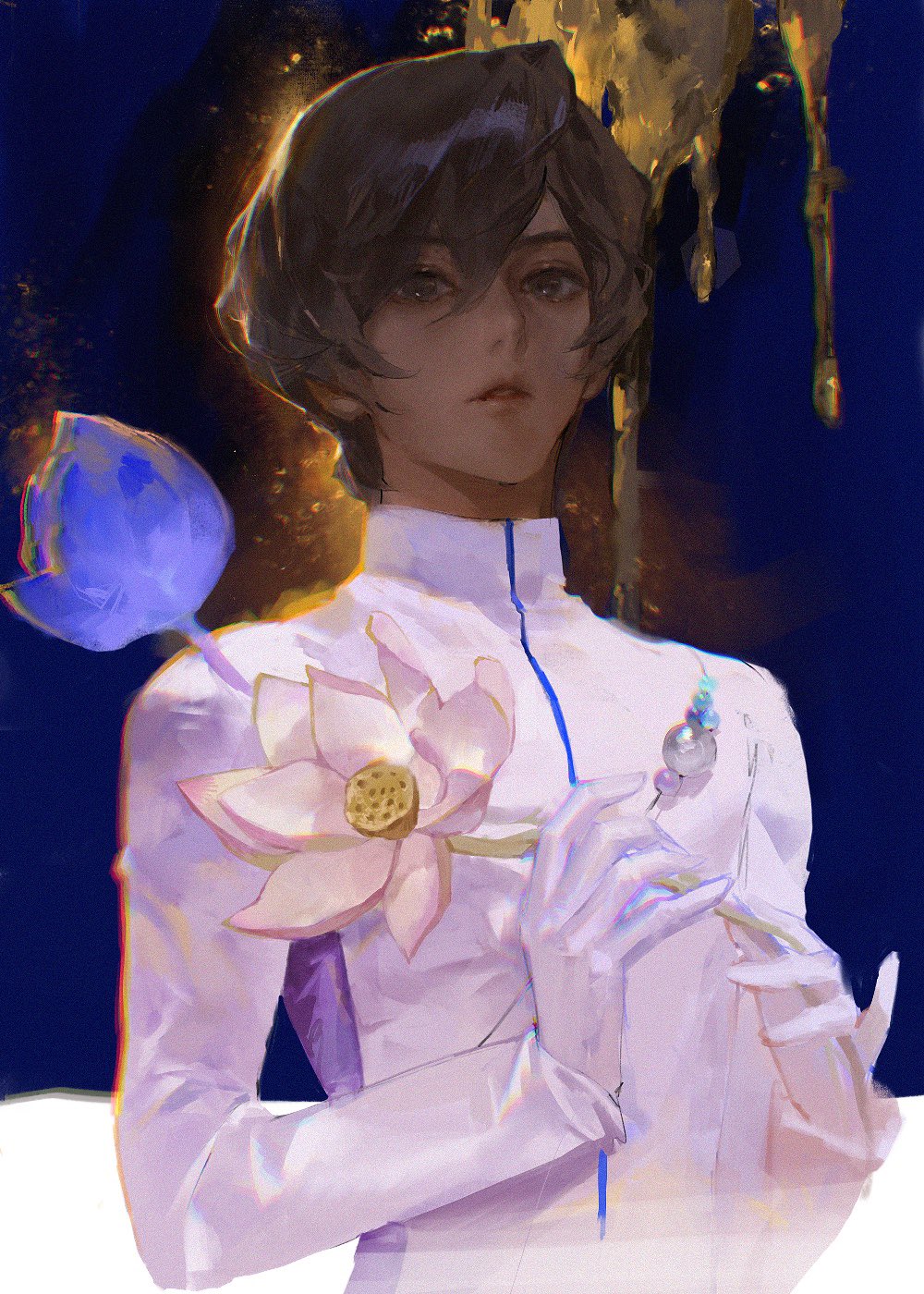 1boy arjuna_(fate) black_eyes black_hair blue_background daeraeband dark-skinned_male dark_skin fate/grand_order fate_(series) flower gloves hair_between_eyes highres indian_clothes long_sleeves looking_at_viewer male_focus parted_lips short_hair solo upper_body white_gloves