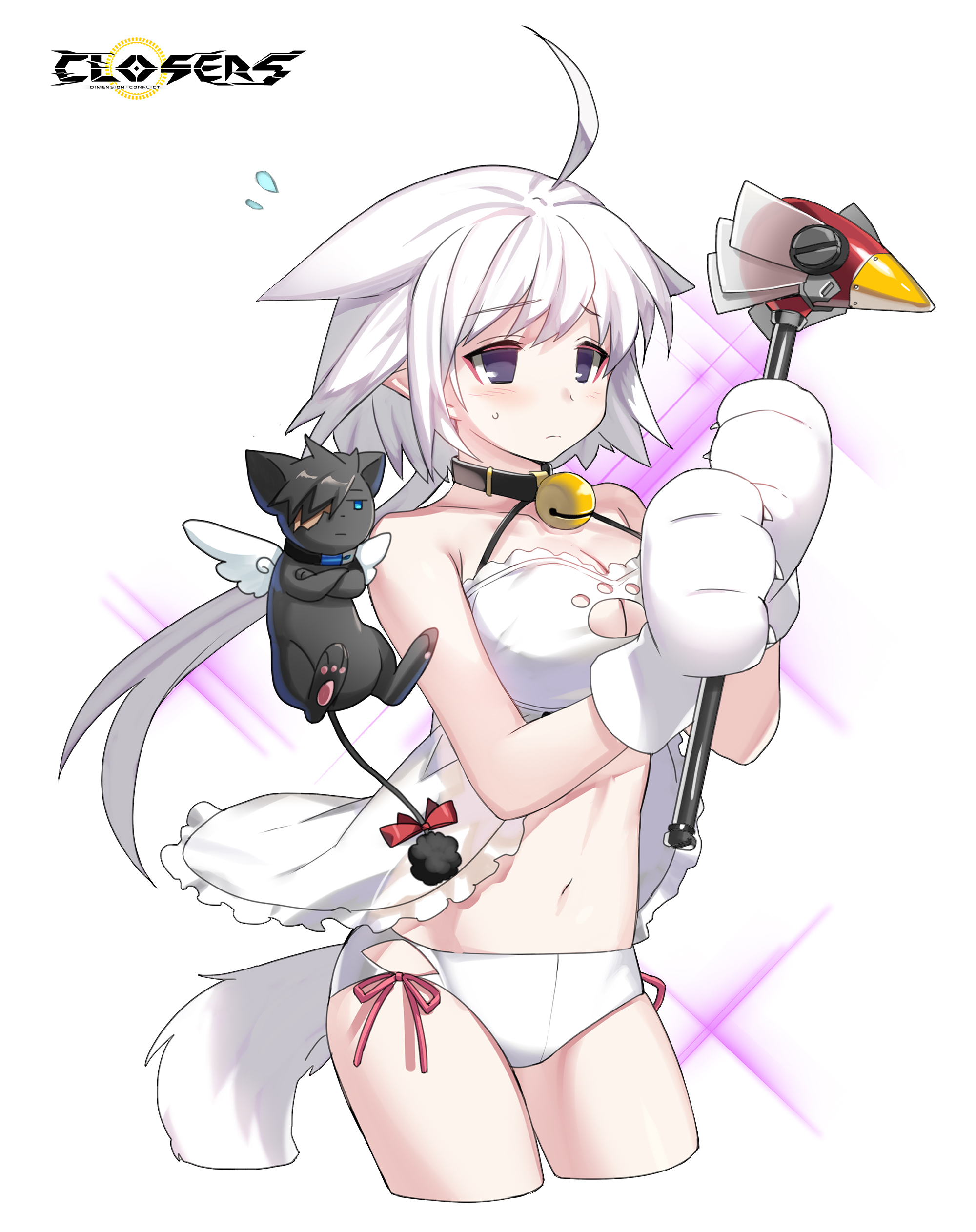 1girl absurdres ahoge animal_hands babydoll bare_shoulders bell black_cat black_collar breasts cardcaptor_sakura cat cat_tail cleavage cleavage_cutout closers clothing_cutout collar copyright_name cosplay cowboy_shot criss-cross_halter cropped_legs flying_sweatdrops frilled_babydoll fuuin_no_tsue gloves hair_flaps halterneck highres holding holding_wand jingle_bell kero_(cardcaptor_sakura) kero_(cardcaptor_sakura)_(cosplay) large_breasts levia_(closers) logo long_hair low_ponytail navel neck_bell no_pupils official_art panties paw_cutout paw_gloves pink_ribbon ponytail purple_eyes ribbon side-tie_panties simple_background solo stomach sweat tail two-handed underwear wand white_babydoll white_background white_gloves white_hair white_panties white_tail