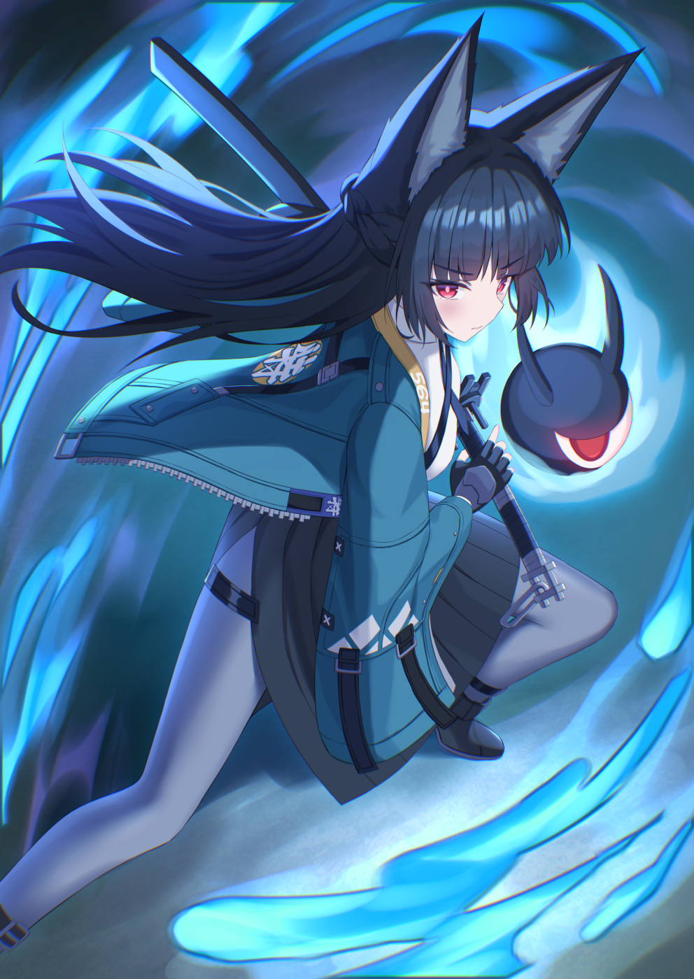 1girl animal_ears black_gloves black_hair closed_mouth commentary_request fighting_stance fingerless_gloves from_above fuka_kurotsuji gloves green_jacket grey_pantyhose highres hoshimi_miyabi jacket long_hair long_sleeves looking_at_viewer pantyhose ready_to_draw red_eyes solo standing zenless_zone_zero