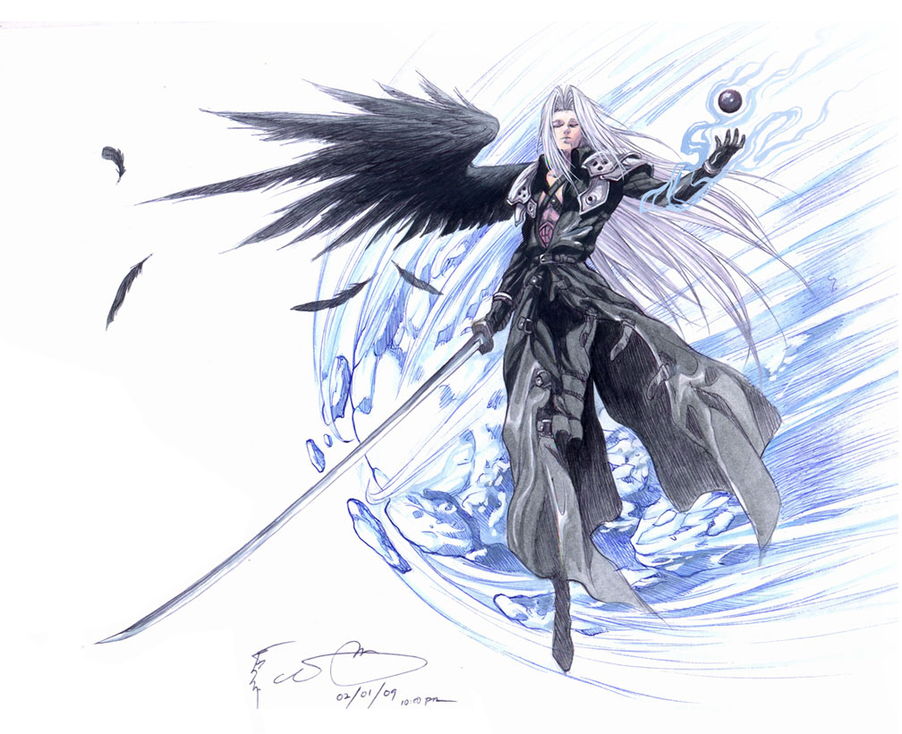 1boy 2008 armor black_coat black_feathers black_wings chest_strap closed_eyes coat comet dated dominic_ian_cabatit expressionless falling_feathers feathered_wings feathers final_fantasy final_fantasy_vii flying full_body grey_hair hand_up holding holding_sword holding_weapon katana long_bangs long_coat long_hair long_sword male_focus masamune_(ff7) open_clothes open_coat orb parted_bangs pauldrons sephiroth shoulder_armor single_wing sword timestamp weapon wings
