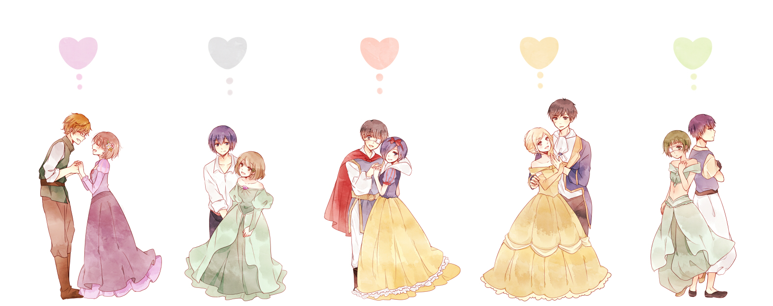 5boys 5girls aladdin_(character)_(cosplay) aladdin_(disney) alternate_costume amon_koutarou back-to-back bad_id bad_pixiv_id bare_shoulders beauty_and_the_beast_(disney) belle_(disney) belle_(disney)_(cosplay) black_hair collarbone collared_shirt cosplay cosplay_request crossed_arms dress dress_shirt facing_another fueguchi_hinami hair_over_one_eye hairband happy heart holding_hands jasmine_(disney) jasmine_(disney)_(cosplay) kaneki_ken kirishima_ayato kirishima_touka kotochi_re looking_at_another mado_akira multiple_boys multiple_girls mutsuki_tooru navel nishino_kimi nishio_nishiki off_shoulder pink_dress rapunzel_(disney) rapunzel_(disney)_(cosplay) red_hairband shirt short_hair smile snow_white_(fairy_tale_character)_(cosplay) snow_white_and_the_seven_dwarfs_(disney) stomach tokyo_ghoul tokyo_ghoul:re urie_kuki white_shirt
