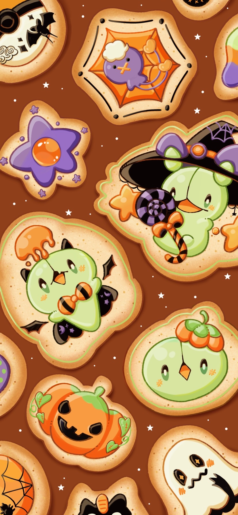 bow bright_pupils brown_background candy commentary_request drifloon duosion food gen_1_pokemon gen_4_pokemon gen_5_pokemon gen_7_pokemon harumomo_(@harumomo123456) hat highres holding jack-o&#039;-lantern lollipop meowth mimikyu nintendo open_mouth orange_bow pokemon pokemon_(creature) pumpkin reuniclus solosis witch_hat zubat