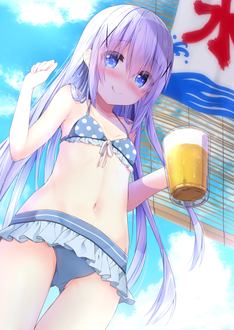 1girl :q alcohol bare_arms bare_shoulders beer beer_mug bikini bikini_top_only blue_bikini blue_eyes blue_sky blush breasts closed_mouth cloud cloudy_sky collarbone commentary_request cup day female_focus foam gluteal_fold gochuumon_wa_usagi_desu_ka? hair_between_eyes hands_up highres holding holding_cup kafuu_chino kooribata kouda_suzu long_hair looking_at_viewer mug outdoors polka_dot polka_dot_bikini polka_dot_bikini_top purple_hair sky small_breasts smile solo swimsuit thigh_gap tongue tongue_out very_long_hair