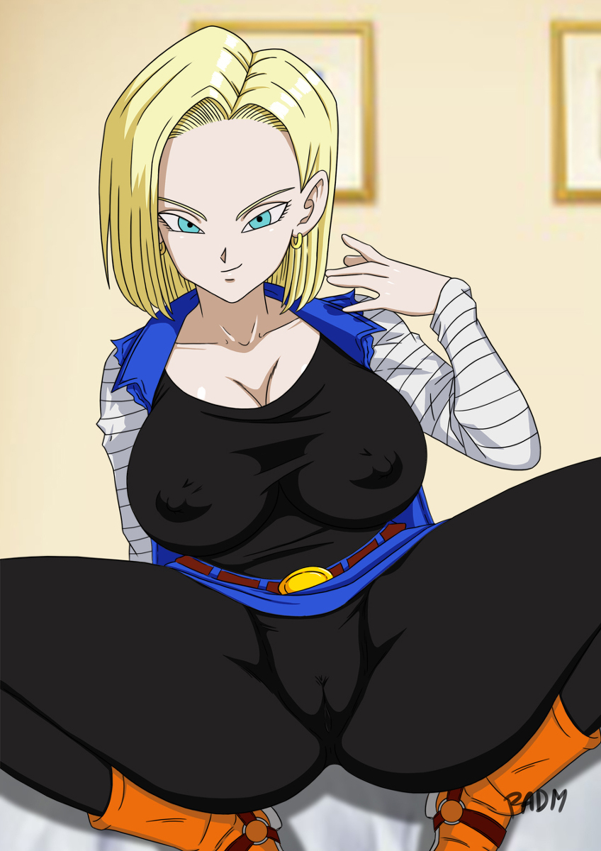 1girl android_18 blonde_hair blue_eyes breasts cleft_of_venus dragon_ball dragonball_z female_focus highres nipples padm pussy text_focus uncensored