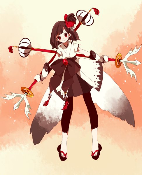 1girl bow brown_hair female_focus gloves hair_bow japanese_clothes maco22 princess_royale red_eyes side_ponytail smile solo tsuru_no_ongaeshi weapon