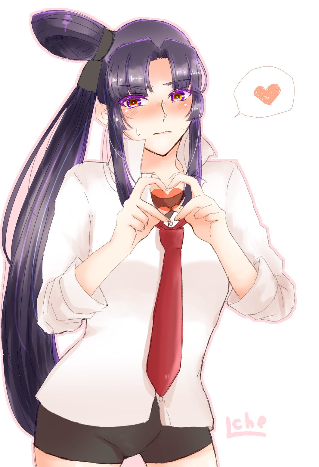 1girl artist_name black_hair black_shorts blush charmyamber cowboy_shot fate/grand_order fate_(series) hair_bun heart heart_hands highres long_hair looking_at_viewer multicolored_eyes necktie nervous nose_blush official_alternate_costume red_necktie shirt shorts shy side_ponytail sidelocks simple_background single_hair_bun solo spoken_heart sweat taira_no_kagekiyo_(fate) translated ushiwakamaru_(fate) white_background white_shirt