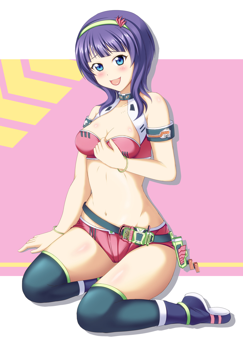 1girl action_gamer_level_2 armband asaka_karin belt black_footwear black_socks blue_eyes blush boots bracelet breasts choker cleavage cleavage_cutout clothing_cutout crossover gamer_driver gedooman hairband health_bar jewelry kamen_rider kamen_rider_ex-aid kamen_rider_ex-aid_(series) kneehighs kneeling large_breasts long_hair looking_at_viewer love_live! love_live!_school_idol_festival_all_stars midriff navel open_mouth pink_background pink_shirt pink_shorts purple_hair rider-tan rider_belt rider_gashat shirt short_shorts shorts sleeveless sleeveless_shirt smile socks