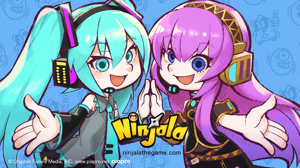 2girls aqua_background aqua_eyes aqua_gemstone aqua_hair aqua_necktie aqua_trim armband bare_shoulders belt belt_buckle black_armband black_jacket black_skirt black_sleeves blue_pupils buckle collared_shirt commentary company_name copyright_name copyright_notice covered_navel cowboy_shot crossover detached_sleeves dress_shirt english_commentary eyelashes gem grey_shirt gumchi gungho hair_ornament hatsune_miku headphones headset jacket lace lace-trimmed_shirt lace_trim logo long_hair looking_at_viewer megurine_luka miniskirt multiple_girls necktie ninjala official_art pink_hair pleated_skirt polka_dot polka_dot_background rianti-wong saturated second-party_source shirt shuriken simple_background single_detached_sleeve skirt sleeveless sleeveless_jacket straight_hair tie_clip twintails very_long_hair vocaloid watermark weapon web_address wing_collar yellow_belt yellow_sleeves yellow_trim