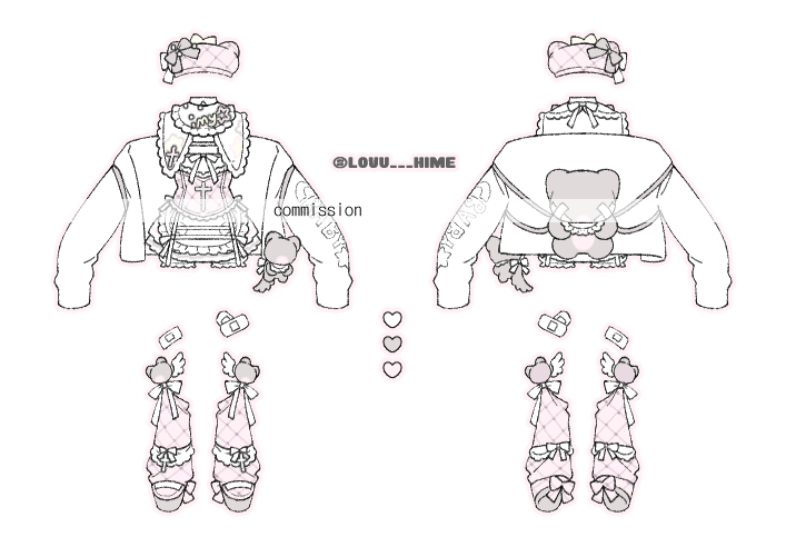 animal_bag apron bad_id bad_twitter_id bandaid bear_bag bear_hair_ornament commission corset hair_ornament jacket lineup long_sleeves no_humans original pink_corset ribbon sleep_mask sleeves_past_fingers sleeves_past_wrists transparent_background u_emper white_apron white_jacket white_ribbon