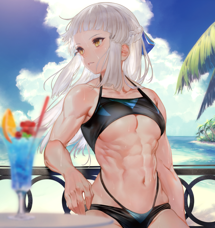 1girl abs biceps bikini blunt_bangs bow bra breasts collarbone cup drink drinking_glass fate/grand_order fate_(series) female_focus hair_bow kodama_(wa-ka-me) long_hair medium_breasts muscular muscular_female navel parted_lips penthesilea_(fate) sidelocks solo stomach straw sweat swimsuit tropical_drink underboob underwear white_hair yellow_eyes