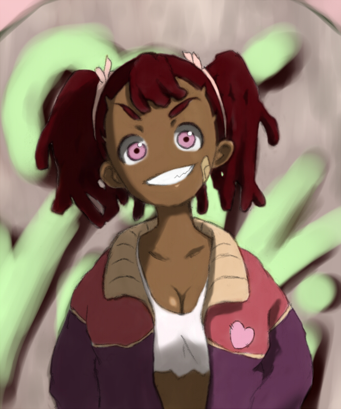 00s 1girl artist_request awa ayukawa_miyuki bandaid basquash! blush breasts dark_skin dreadlocks large_breasts looking_at_viewer shiny_skin smile twintails