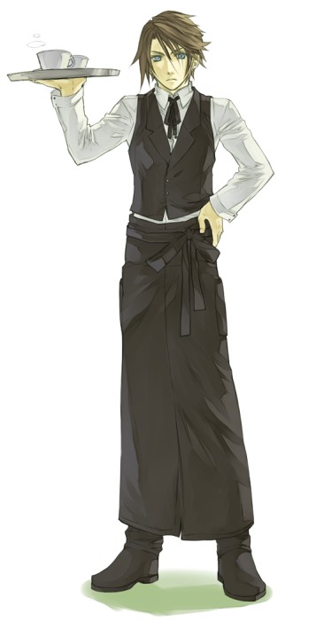 1boy alternate_costume apron black_apron black_boots black_ribbon black_vest blue_eyes boots brown_hair collared_shirt commentary_request cup dated_commentary expressionless final_fantasy final_fantasy_viii formal_clothes full_body hand_on_own_hip hand_up hinokami holding holding_tray long_sleeves looking_at_viewer male_focus neck_ribbon ribbon shadow shirt short_hair simple_background solo squall_leonhart standing steam tray vest waiter white_background white_shirt wing_collar