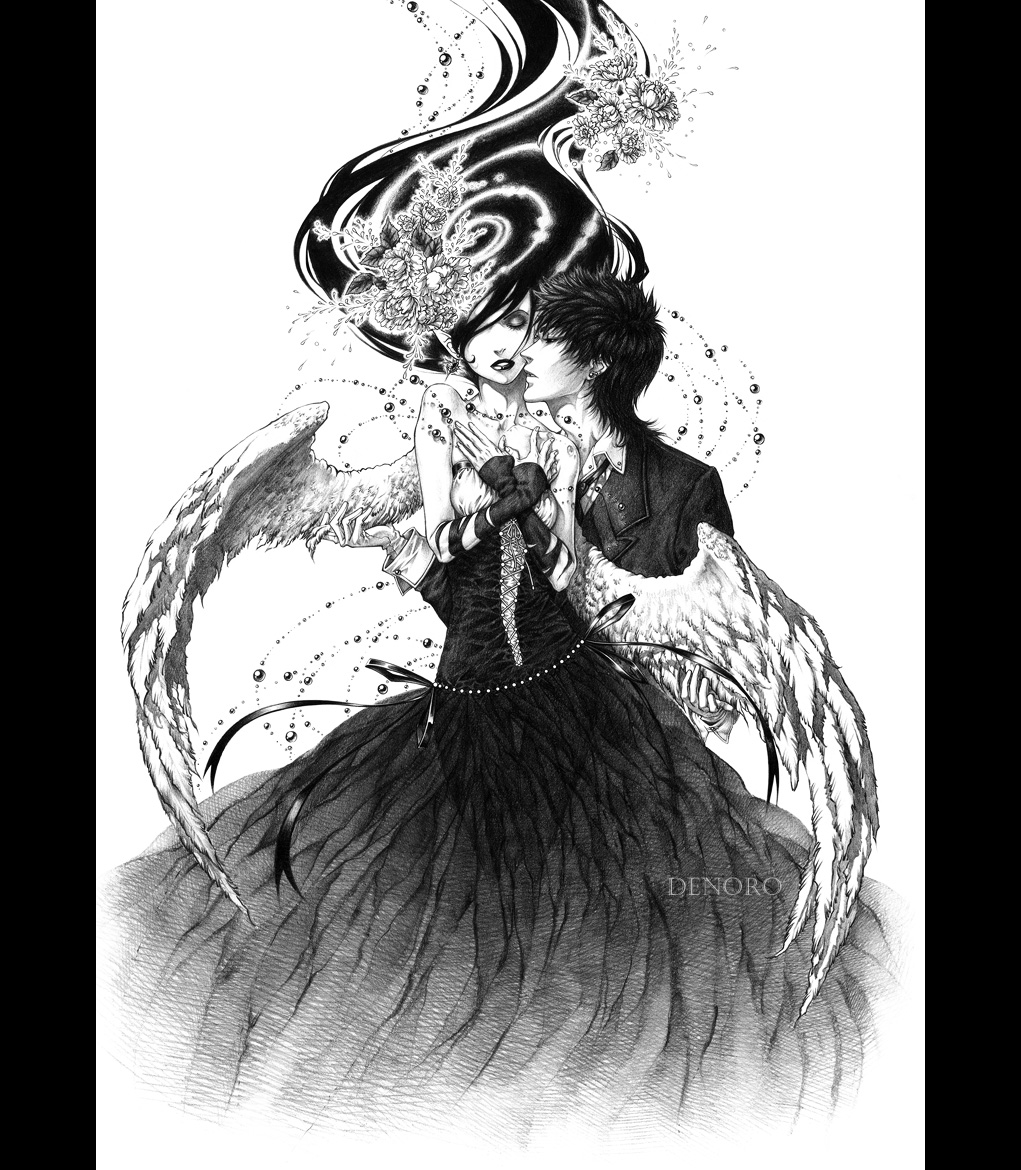 1boy 1girl bare_shoulders breasts couple denoro dress closed_eyes flower graphite_(medium) greyscale hair_flower hair_ornament hetero long_hair monochrome original pillarboxed small_breasts traditional_media white_wings wings