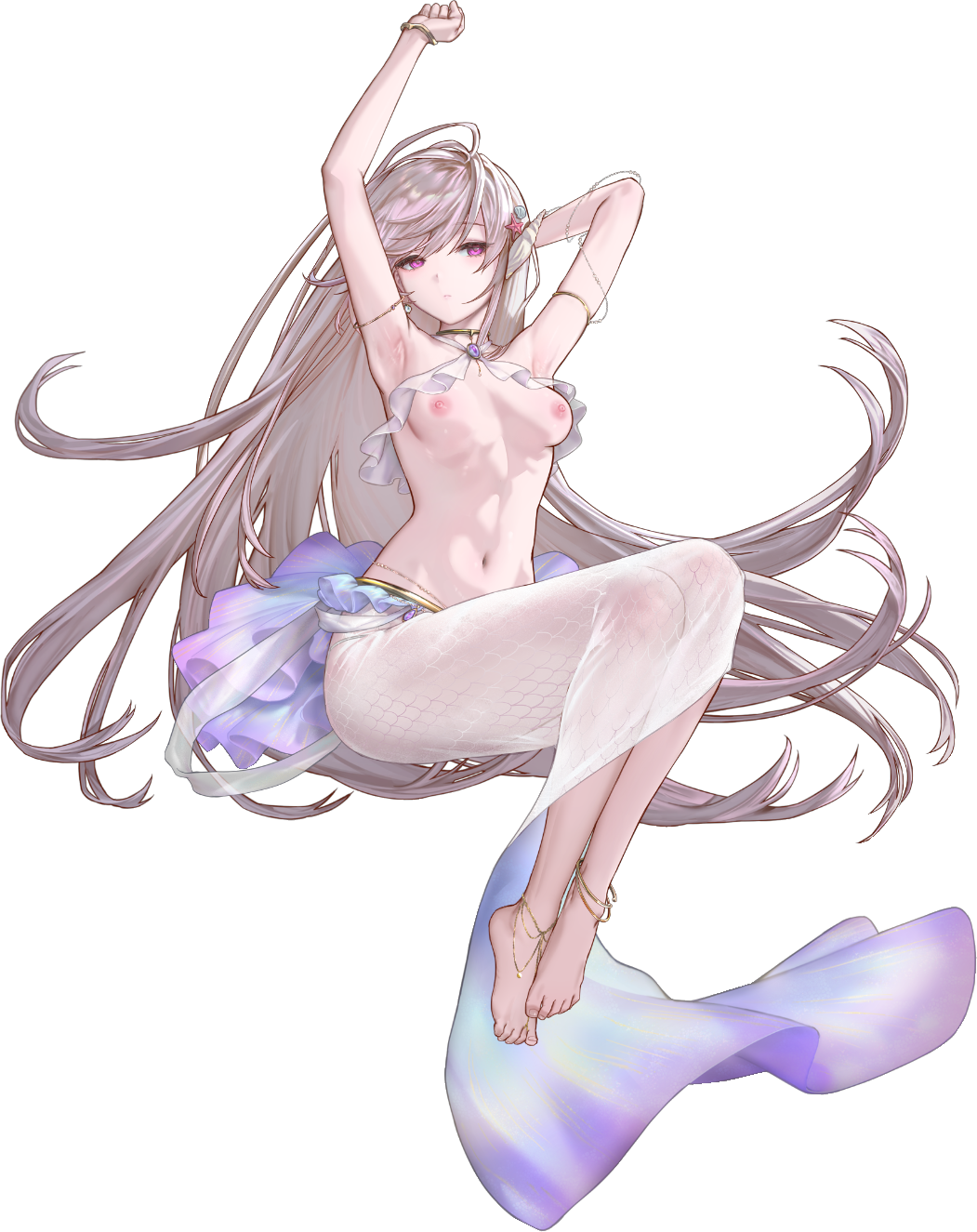1girl ahoge armpits blonde_hair breasts emily_(last_origin) highres last_origin long_hair monster_girl navel nipples official_art purple_eyes shell shell_bikini small_breasts transparent_background underwater