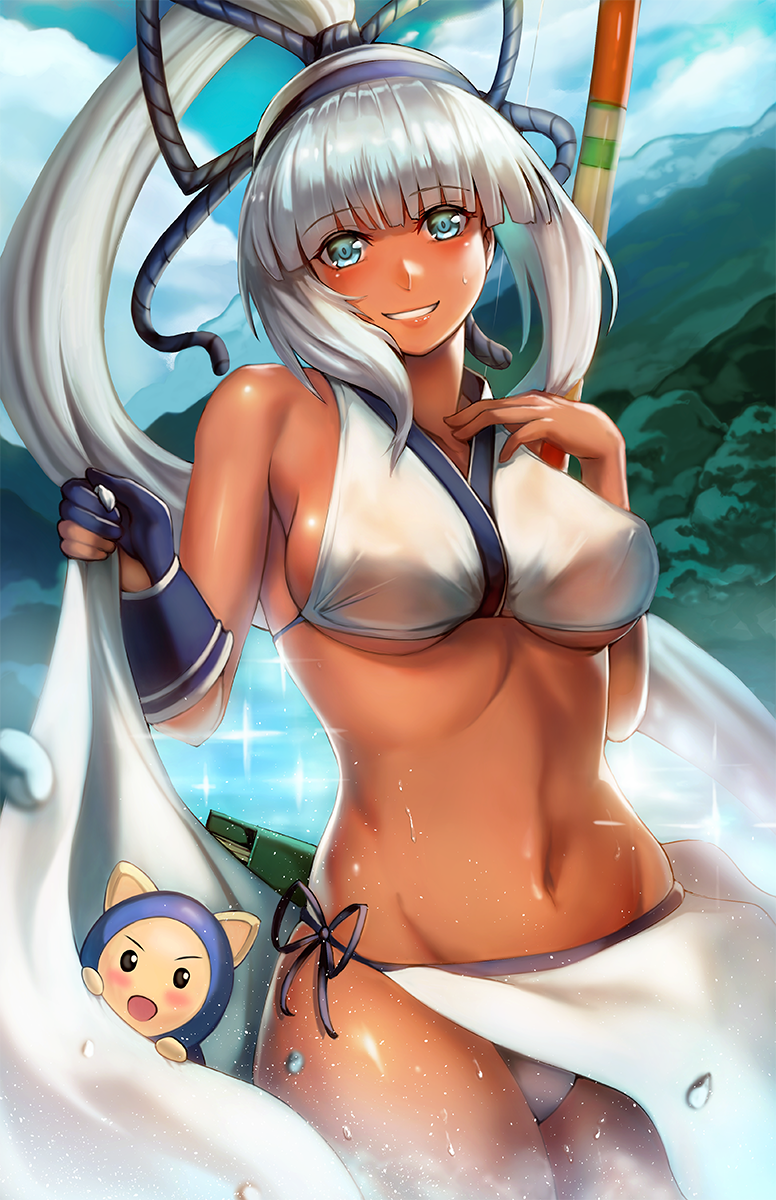 &gt;:) 1girl bare_shoulders blue_eyes blue_gloves blunt_bangs blush bow_(weapon) breasts champuru comic-z cowboy_shot dark-skinned_female dark_skin day gloves hairband high_ponytail highres looking_at_viewer majikina_mina medium_breasts outdoors panties pantyshot parted_lips partially_fingerless_gloves ponytail quiver revealing_clothes river samurai_spirits sarong sideboob silver_hair single_glove smile snk standing sweat tabi underwear weapon wet white_panties