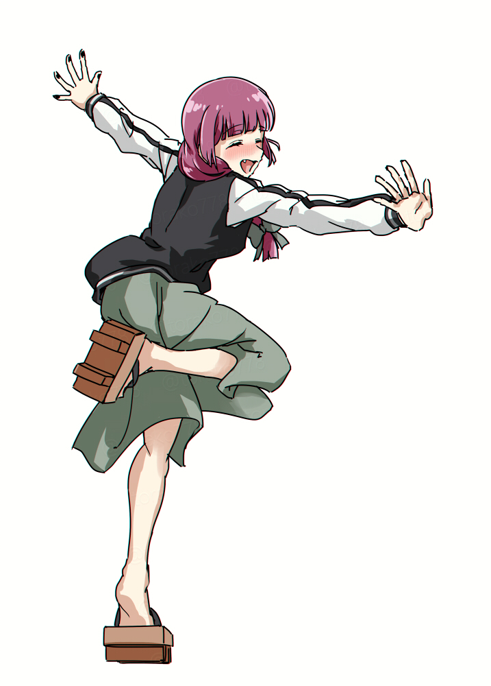 1girl black_jacket bocchi_the_rock! braid closed_eyes commentary dress fighting_game full_body geta green_dress hiroi_kikuri jacket kula_diamond nail_polish outstretched_arms purple_hair simple_background solo standing standing_on_one_leg the_king_of_fighters torako_(toramaru) white_background