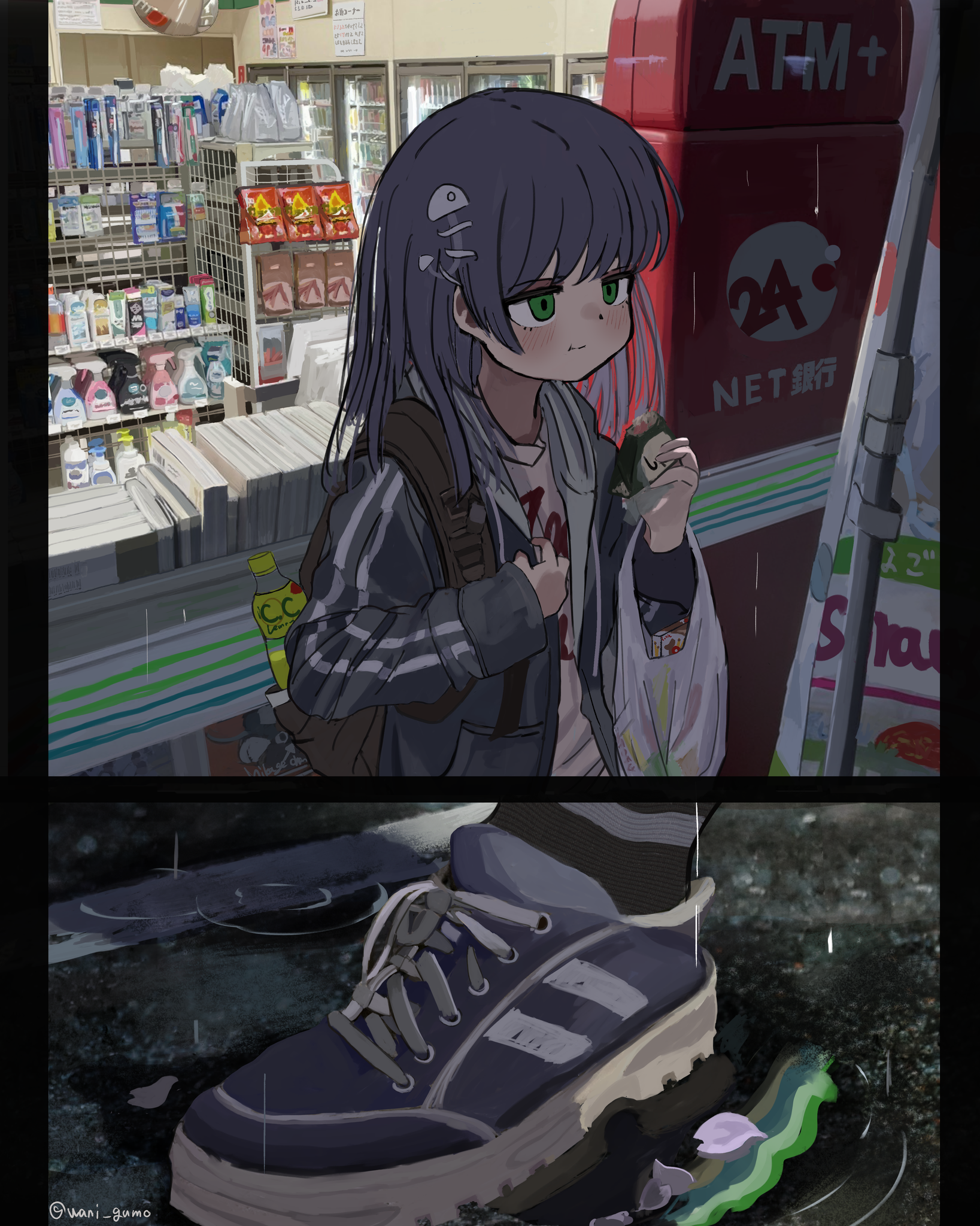 1girl :t atm backpack bag black_bag black_border blue_hair blue_shoes blush border comic convenience_store drawstring eating fish_skeleton_hair_ornament food green_eyes highres holding holding_food hood hooded_jacket jacket original petals plastic_bag plastic_bottle rain shirt shoelaces shoes shop sign silent_comic socks solo striped_clothes striped_socks t-shirt wanigumo